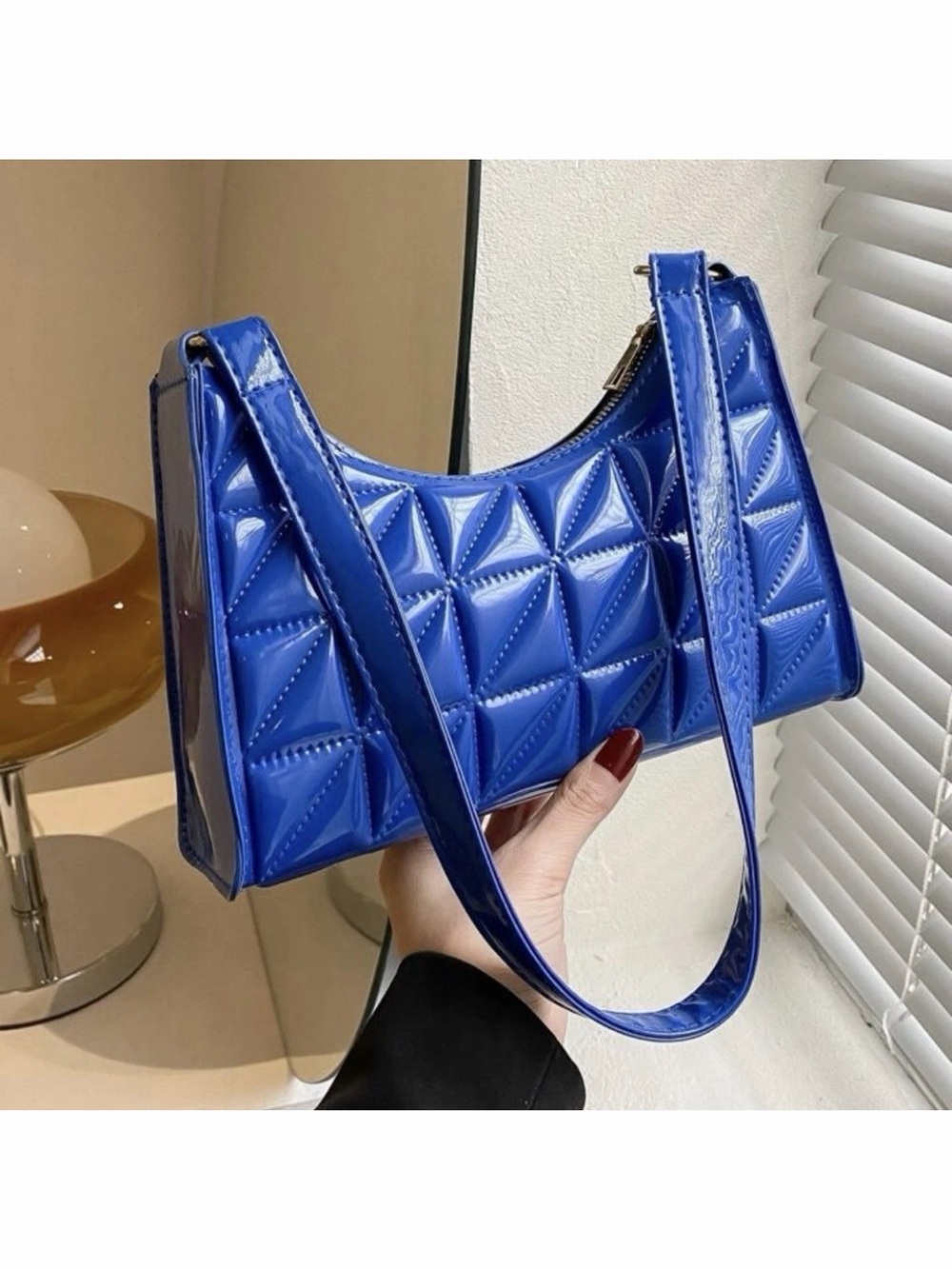 Shein Quilted Pattern Baguette Shoulder Bag Purse Blue Diamond Grid Zipper